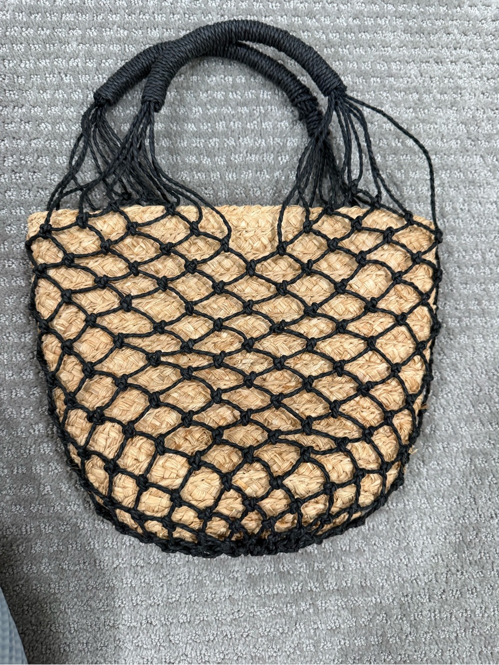 J Crew Woven Straw Tote with Black Macramé Netting